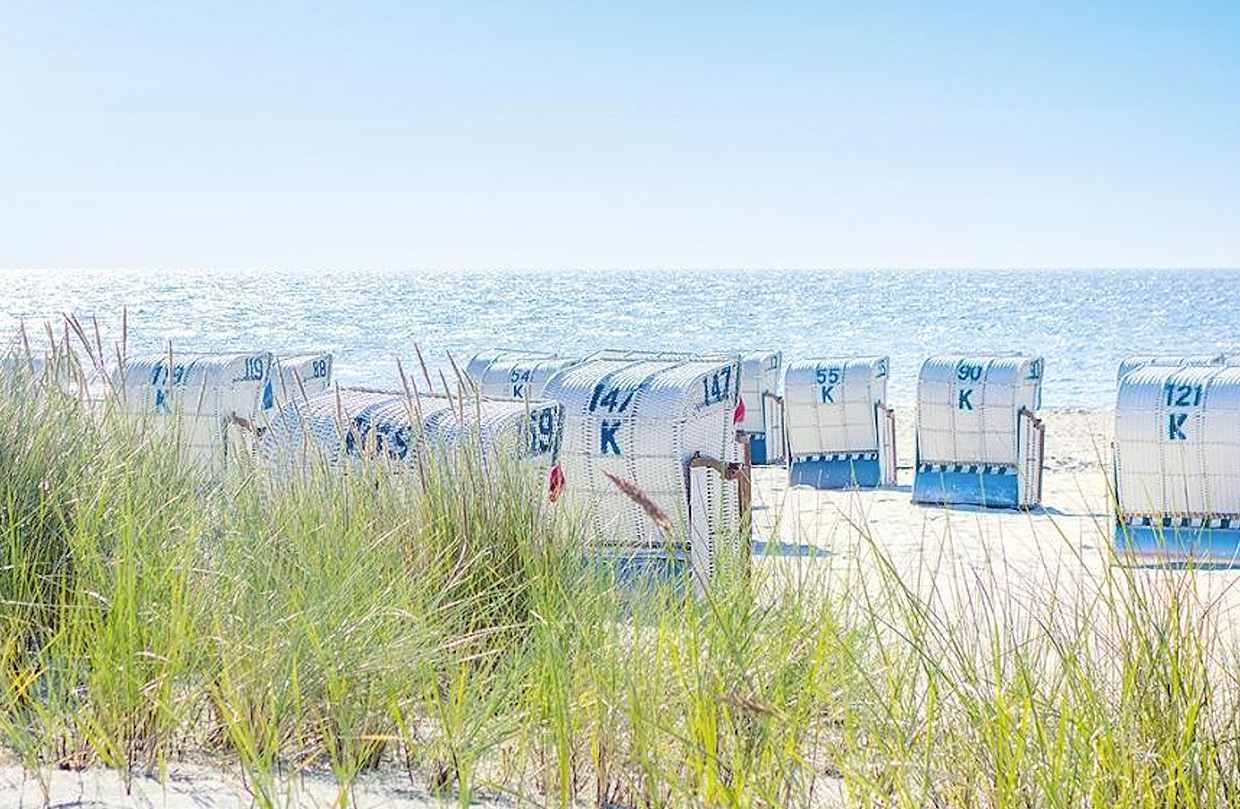 Zahlreiche Strandkörbe stehen auf dem Ostseestrand von Grömitz, mit Strandhafer im Vordergrund und dem Meer unter klarem Himmel im Hintergrund.