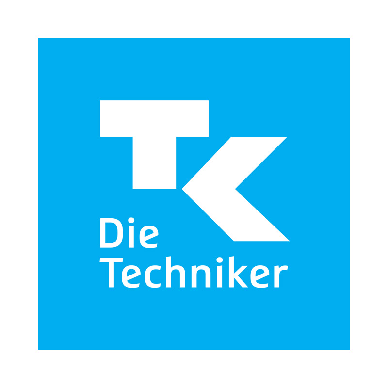 Logo der Techniker Krankenkasse (TK). Ein weißes, stilisiertes "TK"-Monogramm auf einem hellblauen Quadrat. Darunter steht in Weiß "Die" Techniker". Ein Klick auf das Logo führt zur Webseite der TK.